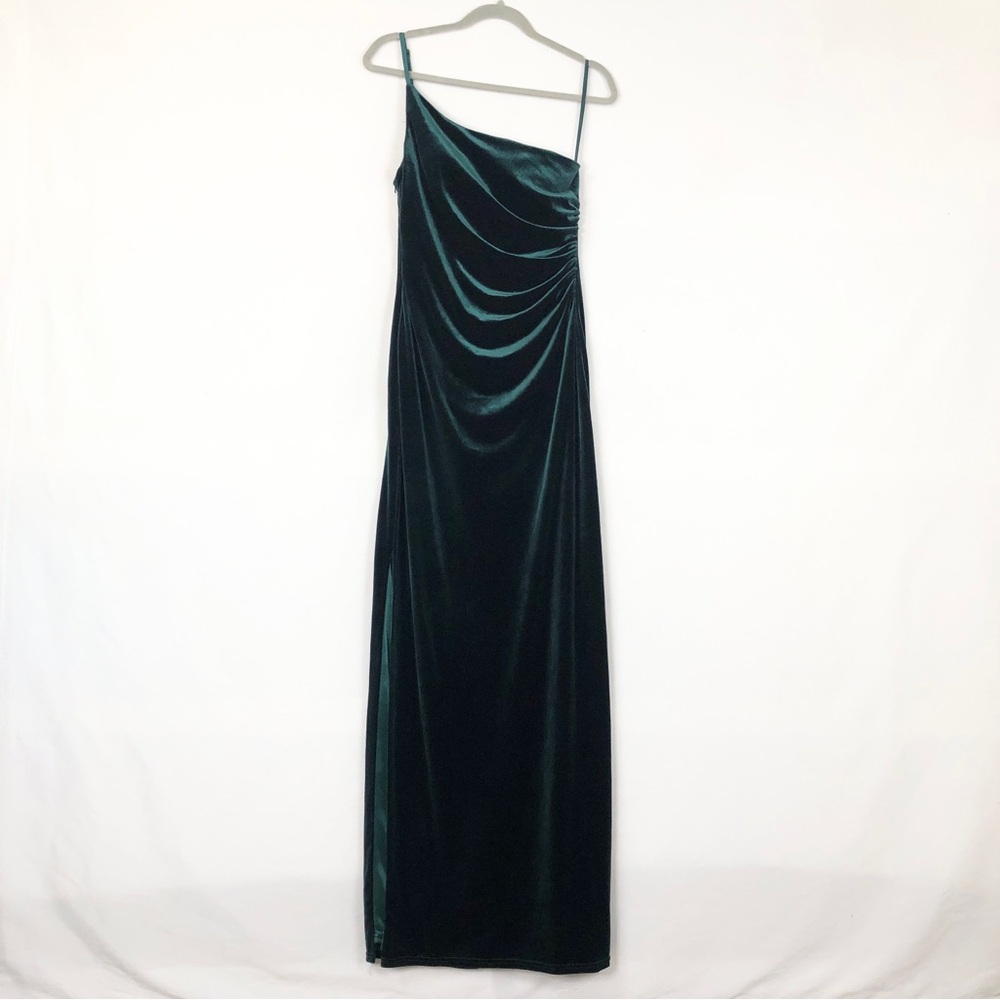 Revelry Jade Velvet Dress Classic Emerald Size 4‎ One Shoulder Ruched Green